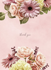 Floral card with copy space. Yellow peony, gerbera, pink roses on pastel textured background. Bouquet of garden flowers.