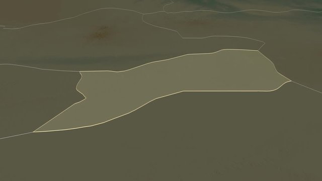 Sabha, district with its capital, zoomed and extruded on the relief map of Libya in the conformal Stereographic projection. Animation 3D