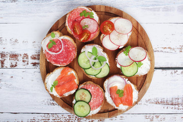 Top view on different sandwiches, flat lay	