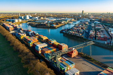 Aerial view from container port at Cologne city, Germany.