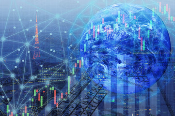 Double exposure digital networking technology on Money and financial city background. Concept of future business trend.  element of this images furnished by NASA.