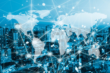 Double exposure global concept of business and technology network on city background. Element of this image furnished by NASA