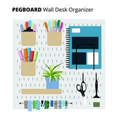 Organization white peg board system. Pegboard organizer home office. Vector illustration.