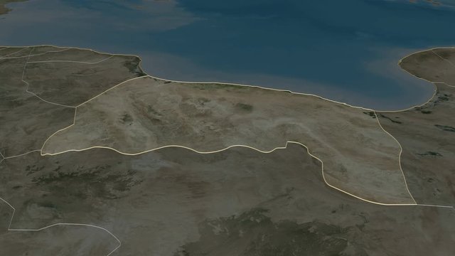Surt, district with its capital, zoomed and extruded on the satellite map of Libya in the conformal Stereographic projection. Animation 3D
