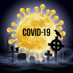 Illustration of Graveyard. Apocalypse and Hell Concept Design. Deadly Coronavirus COVID-19 and SARS-CoV-2 spread in Europe and World