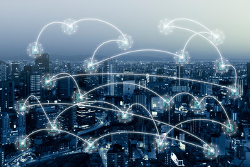 Double exposure digital networking technology on Money and financial city background. Concept of future business trend.  element of this images furnished by NASA.