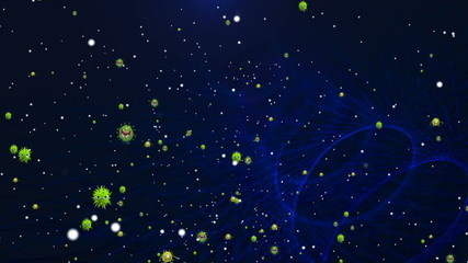 Coronavirus illustration particles cells flow. Floating covid 19 flu virus cell bacteria on color backdrop.