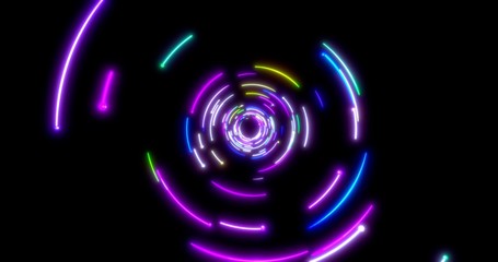 Glowing neon lines tunnel. Blue red pink and violet colorful lighting. Seamless 3D rendering for night club. 3D illustration