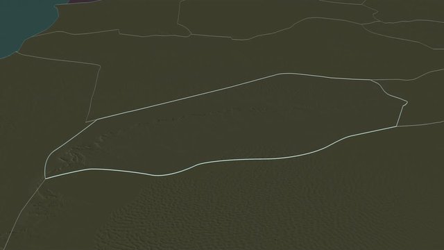 Wadi al Hayat, district with its capital, zoomed and extruded on the administrative map of Libya in the conformal Stereographic projection. Animation 3D