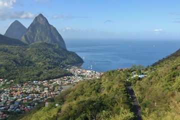 Fototapeta na wymiar A view across the town of Soufriere towards the Pitons and the Caribbean Sea in St Lucia