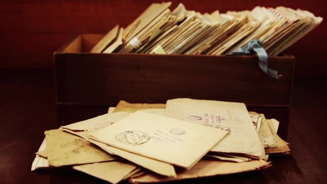 Wooden box with the old postal mails and documents of the WW2