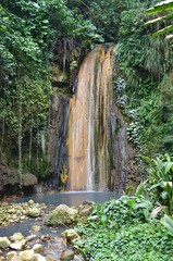 View of the Diamond Waterfall in the Diamond Botanical Gardens in St Lucia
