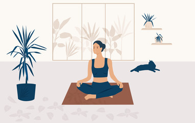 Woman doing yoga at home. Girl sitting in the Lotus position, meditation from spiritual and physical practices. Vector illustration in the style of a flat cartoon, different colors