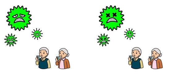 病気の予防のためにうがいをする高齢者とウイルス