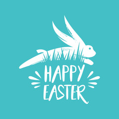 Rabbit Jumps Happy Easter Script Lettering Logo Icon Vector Background Template. Bunny Rabbit Graphic Design.	