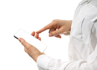 Female hands with smartphone,  hand holding smartphone with empty screen, isolated on white.