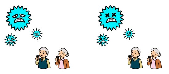 病気の予防のためにうがいをする高齢者とウイルス
