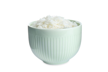 Bowl with cooked rice isolated on white