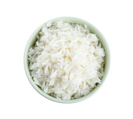 Bowl with cooked rice isolated on white, top view
