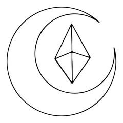 Moon with crystal cute mystic occultism doodle digital art outline. Print for stickers, tattoos, banners, posters, cards, web, wrapping paper, boxes, packages, fabrics, textiles, stationery.