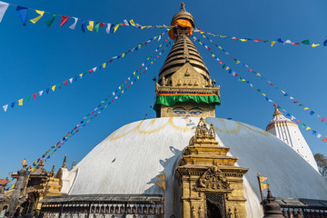 Magnificent view of Swayambhunath aka Swayambhu during sunny day in Kathmandu Valley Nepal