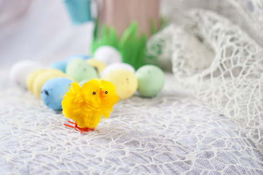 easter eggs and toy chicken