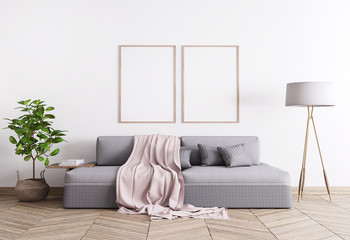 Mock up poster frames of modern Scandinavian interior living room design, 2 wooden template on white background, 3d render, illustration