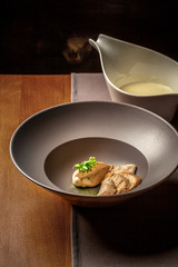 Delicious homemade food from environmental products. cheese soup with turkey fillet. place under the text