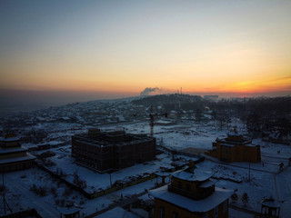Khambyn Khure datsan aerial view by winter sunset,  Ulan-Ude, Russia