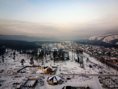 Ulan-Ude suburbs aerial view by winter, Buryatia, Russia