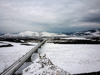 Bridge over Selenga River near Ulan-Ude with deers monument view by winter, Buryatia, Russia