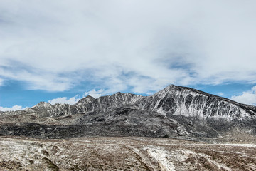 winter landscape of snow mountain with grassland 