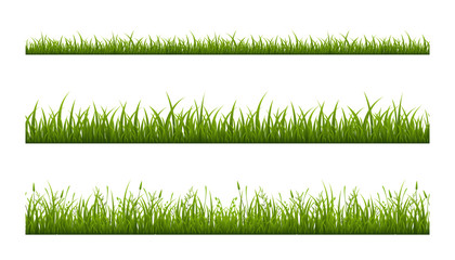 Realistic green grass lawn, border or meadow vector illustration set. Horizontal seamless background