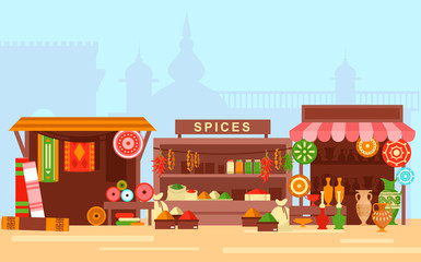 Asian market flat cartoon concept vector illustration. Arabic bazaar on old eastern city background