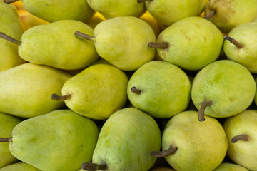 Pear for sale in market. Freshly harvested organic, delicious and healthy fruit.