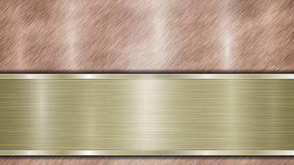 Background consisting of a bronze shiny metallic surface and one horizontal polished golden plate located below, with a metal texture, glares and burnished edges