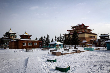 Scenic architecture of temple of Ivolginsky datsan, Buryatia, Russia 