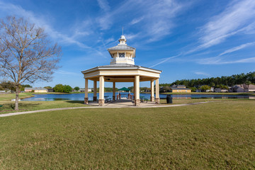 Large pavilion or gazebo overlooking a nice lake