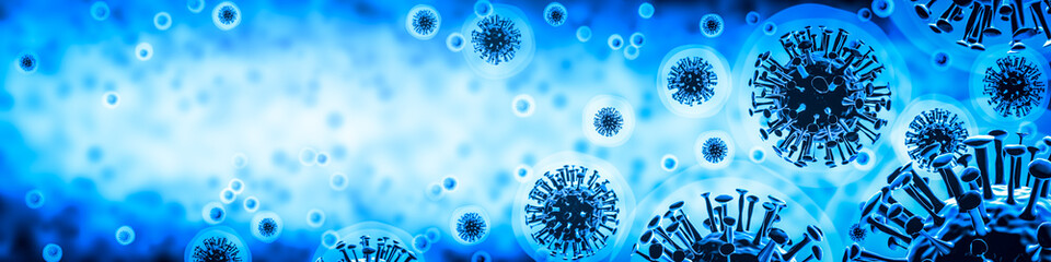3d Rendering Of Covid-19 / Coronavirus In Blue Background - Virology Concept