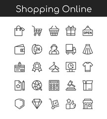 Fototapeta premium Shopping icons line outline vector illustration set with title for shopping online