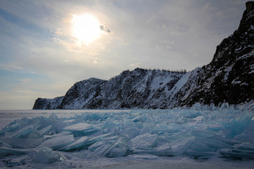 Frozen cliffs of Olkhon Island, Baikal Lake, Russia