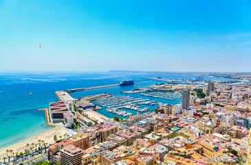 Port marina, harbor in Alicante with blue sky, sea. Spain