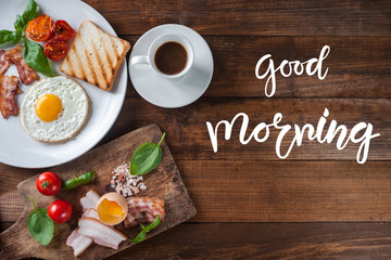Morning breakfast with fried egg and coffee