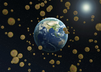 Obraz na płótnie Canvas Coronavirus takes earth population under control. View from cosmos on earth attacked by coronavirus. Coronavirus COVID-19 outbreak. 3d illustration
