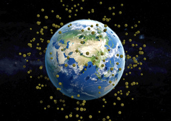 Coronavirus attacks earth population. View of earth surrounded by coronavirus. Population is in danger. Coronavirus 2019+nCov outbreak. 3d illustration