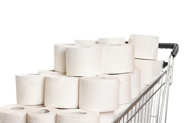 Shoping cart filled with toilet paper, hamster purchase. On white background