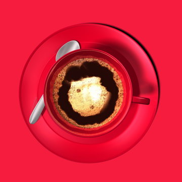 Red coffee cup on red background. Frothy coffee. Top down drink food. With silver spoon and maroon plate. Top view. isolated. 3d rendering