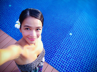 Selfie Young Woman Swimming Pool
