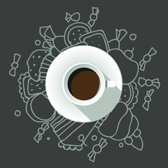 Vector cup of coffee top view and hand drawn. Vector composition of sweets. Pieces of cakes, sweets, cakes and cookies on a gray background