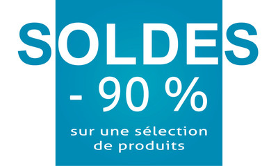 carte ou bandeau soldes à moins 90% sur une sélection de produits en blanc sur fond bleu